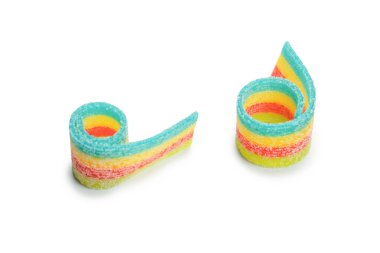 Renkli sakızlı şekerler. Üst Manzara. Jöleli çörekler. Jelibon. Beyaz bir arkaplanda izole edilmiş. 