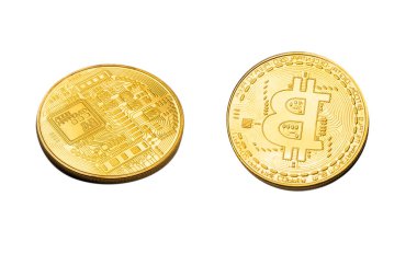 Beyaz arka planda izole edilmiş bir bitcoin. Üst görünüm. 
