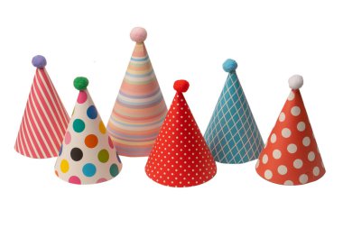 A group of bright and colorful birthday caps isolated on a white background. Holidays cocept. 