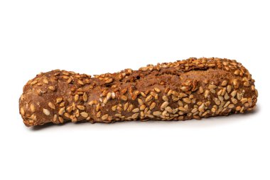 A loaf of bread with sunflower seeds isolated on a white background. 