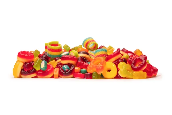 Gekleurde Gummisnoepjes Bovenaanzicht Jelly Donuts Jelly Beren Geïsoleerd Een Witte — Stockfoto