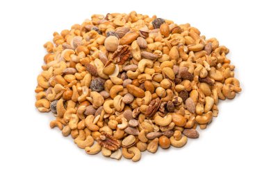 Lezzetli tuzlu fındık karışımı. Bir grup badem, fıstık, ceviz, macadamia, kaju..