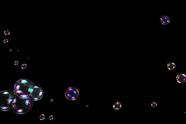 Seifenblasen Isoliert Auf Schwarzem Hintergrund Kopierraum — Stockfoto