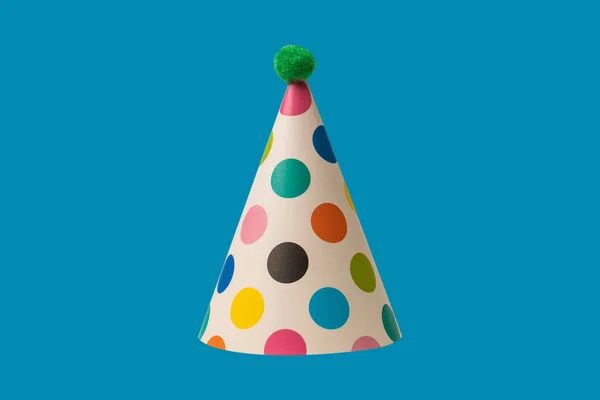 Bright Colorful Birthday Cap Isolated Blue Background Holidays Cocept — Zdjęcie stockowe