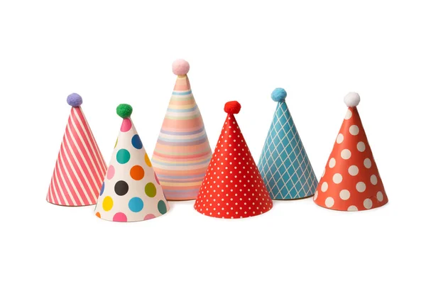 Group Bright Colorful Birthday Caps Isolated White Background Holidays Cocept — Zdjęcie stockowe