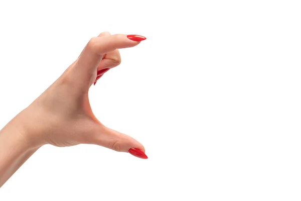 Les Mains Femme Avec Des Ongles Rouges Montrent Symbole Cadre — Photo
