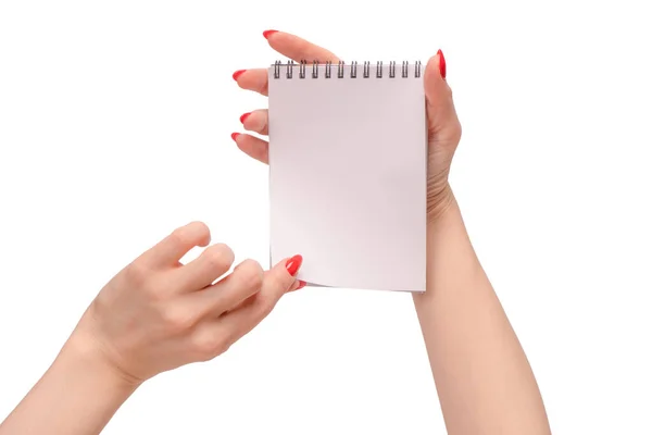 Ένα Σημειωματάριο Άδειο Λευκό Χαρτί Γυναικεία Χέρια Κόκκινα Νύχια Αντιγραφή — Φωτογραφία Αρχείου