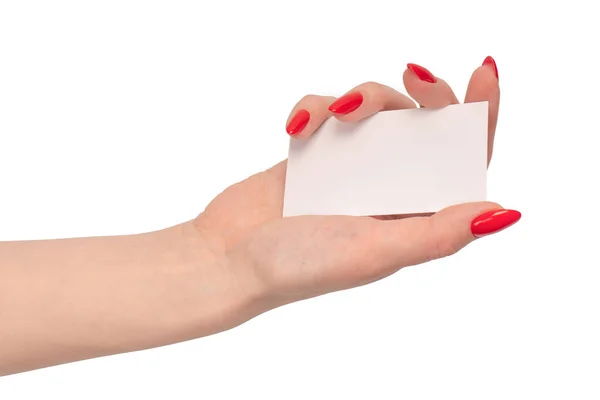Prázdná Karta Ruce Ženy Červenými Nehty Izolovanými Bílém Pozadí Kopírovat — Stock fotografie