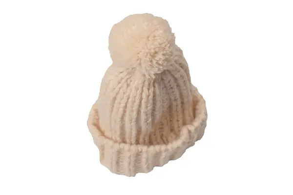 Beige Warm Beanie Hat Pom Pom Isolated White Background — Stok fotoğraf