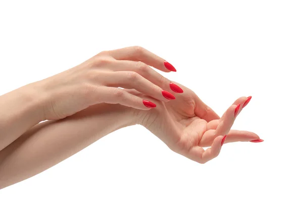 Mains Femme Avec Des Ongles Rouges Isolés Sur Fond Blanc — Photo