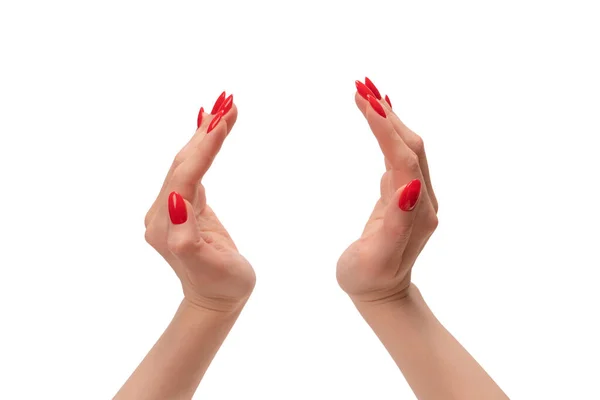 Les Mains Femme Avec Des Ongles Rouges Montrent Symbole Cadre — Photo