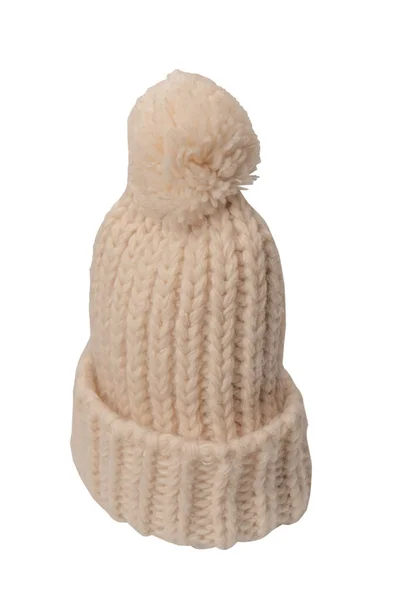 Beige Warm Beanie Hat Pom Pom Isolated White Background — Stock fotografie