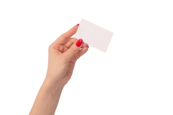 Prázdná Karta Ruce Ženy Červenými Nehty Izolovanými Bílém Pozadí Kopírovat — Stock fotografie