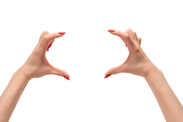 赤い爪を持つ女性の手は白い背景に孤立したフレームシンボルを示しています 女の手に何かを — ストック写真