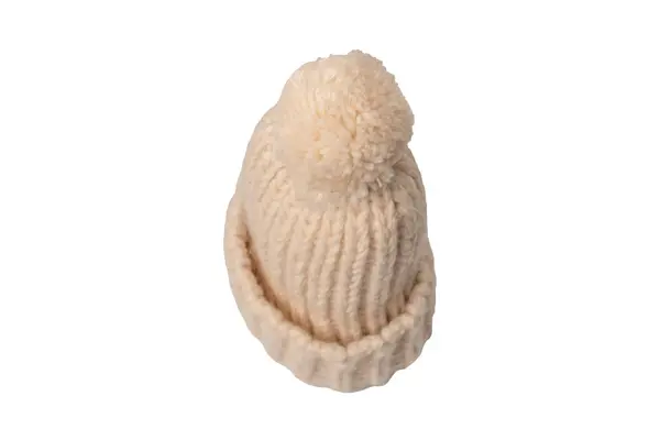 Beige Warm Beanie Hat Pom Pom Isolated White Background — Stok fotoğraf