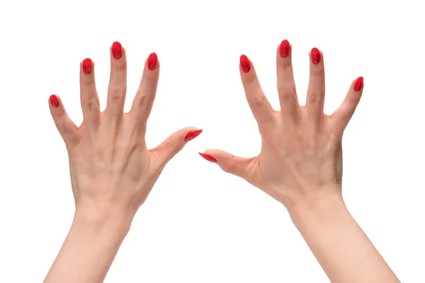 Kırmızı Tırnaklı Kadın Elleri Beyaz Arka Planda Izole Edilmiş Çerçeve — Stok fotoğraf