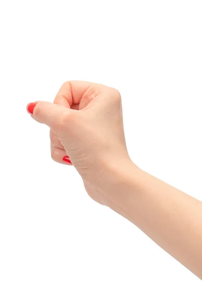 Vrouw Hand Met Rode Nagels Houden Iets Geïsoleerd Een Witte — Stockfoto