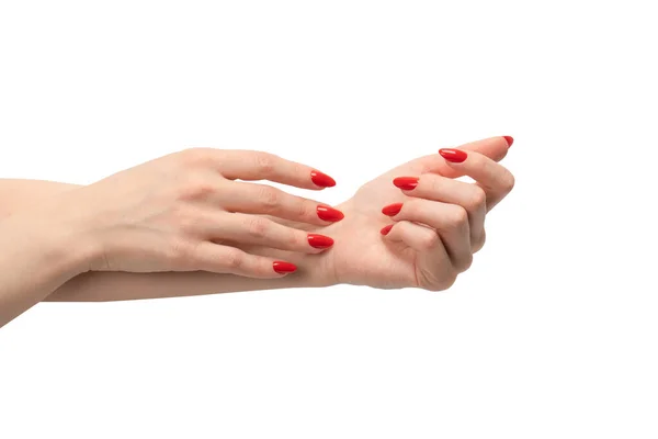 Женские Руки Красными Ногтями Изолированы Белом Фоне Красный Лак — стоковое фото