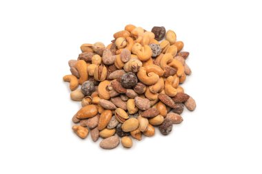Lezzetli tuzlu fındık karışımı. Bir grup badem, fıstık, ceviz, macadamia, kaju..