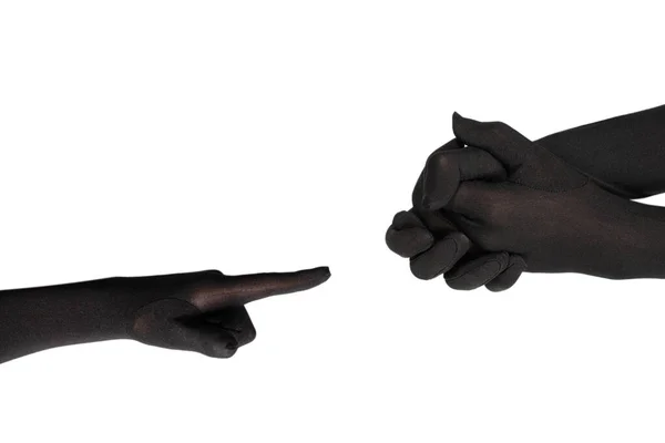 Woman Long Black Gloves Pointing Something Isolated White Background — Stock Photo, Image
