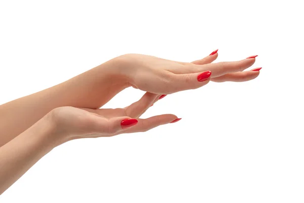 Mãos Mulher Com Unhas Vermelhas Isoladas Fundo Branco Verniz Unhas — Fotografia de Stock