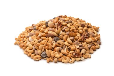 Lezzetli tuzlu fındık karışımı. Bir grup badem, fıstık, ceviz, macadamia, kaju..