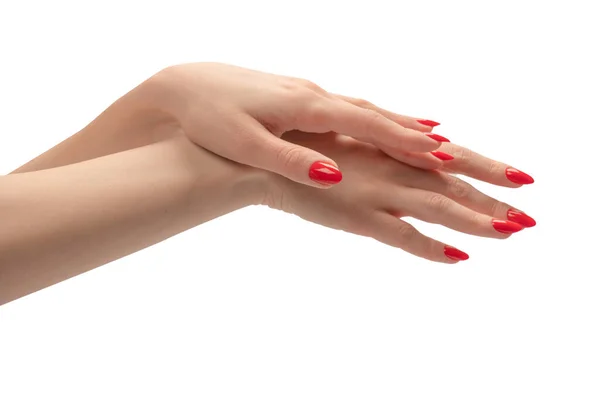 Mains Femme Avec Des Ongles Rouges Isolés Sur Fond Blanc — Photo