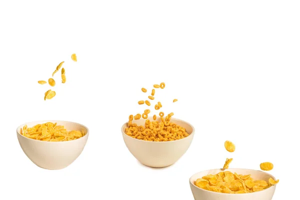 Cornflakes Fallen Auf Die Weiße Schüssel Bewegung Kopierraum Isoliert Auf — Stockfoto