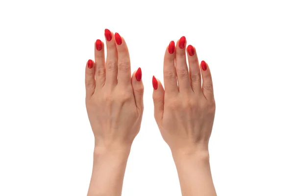 Woman Hands Red Nails Shows Frame Symbol Isolated White Background — Stock Photo, Image
