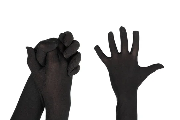 Vrouw Zet Lange Zwarte Handschoenen Geïsoleerd Een Witte Achtergrond — Stockfoto