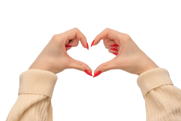 Feche Símbolo Coração Feito Por Mãos Mulher Com Pregos Vermelhos — Fotografia de Stock