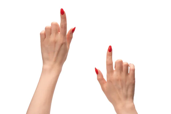 赤い爪を持つ女性の手は白い背景に孤立したフレームシンボルを示しています 女の手に何かを — ストック写真