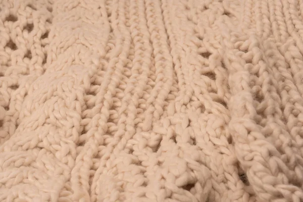 Fragment Beige Knitted Fabric Knitted White Sheep Wool Knitted Background — Fotografia de Stock
