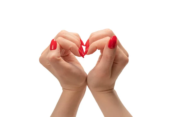Feche Símbolo Coração Feito Por Mãos Mulher Com Pregos Vermelhos — Fotografia de Stock