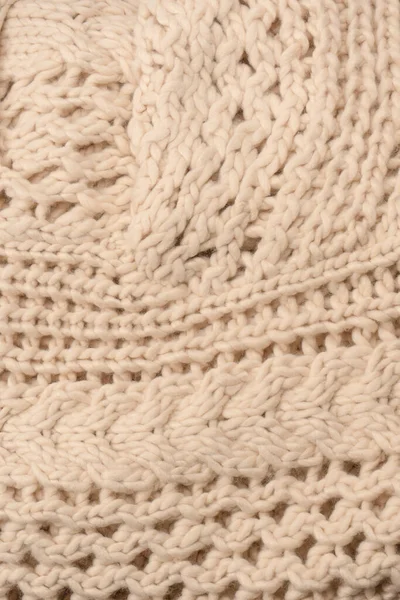 Fragment Beige Knitted Fabric Knitted White Sheep Wool Knitted Background — Fotografia de Stock