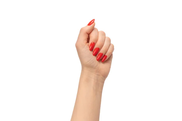 Frauenhände Mit Roten Nägeln Auf Weißem Hintergrund Roter Nagellack — Stockfoto