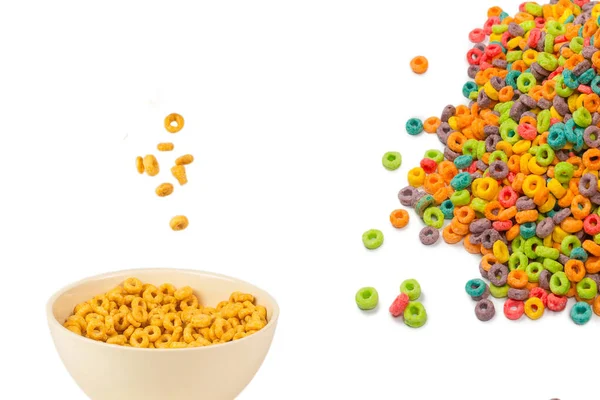 Honey Rings Cereal Box Morning Breakfast Corn Flakes Falling White — Stock Photo, Image