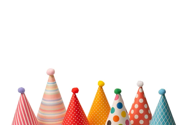 Group Bright Colorful Birthday Caps Isolated White Background Holidays Cocept — 스톡 사진