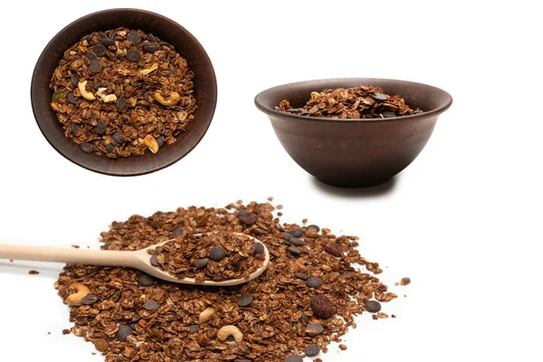 Cereales Granola Chocolate Con Nueces Una Cuchara Madera Aislado Suelo —  Fotos de Stock