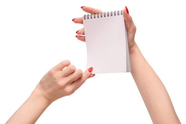 Notatnik Pustym Białym Papierem Rękach Kobiety Czerwonymi Paznokciami Przestrzeń Kopiowania — Zdjęcie stockowe