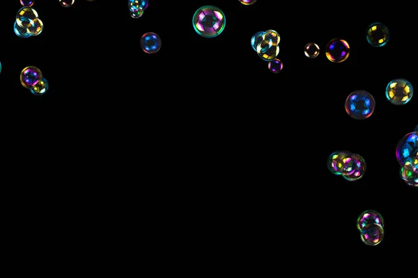 Zeepbellen Geïsoleerd Een Zwarte Achtergrond Kopieerruimte — Stockfoto