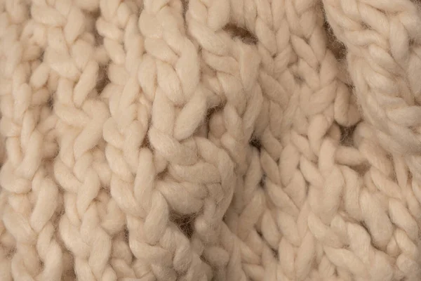 Fragment Beige Knitted Fabric Knitted White Sheep Wool Knitted Background — 스톡 사진
