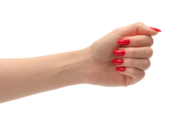 Ręce Kobiety Czerwonymi Paznokciami Odizolowane Białym Tle Czerwony Lakier Paznokci — Zdjęcie stockowe