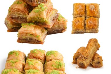 Beyaz arka planda fıstıklı baklava. Tatlı..