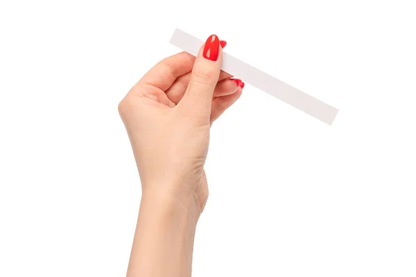 Woman Hand Red Nails Test Strips Perfume Isolated White Background — Stock Photo, Image