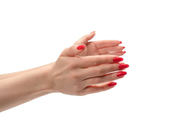Mulher Mão Com Unhas Vermelhas Segurando Algo Isolado Fundo Branco — Fotografia de Stock