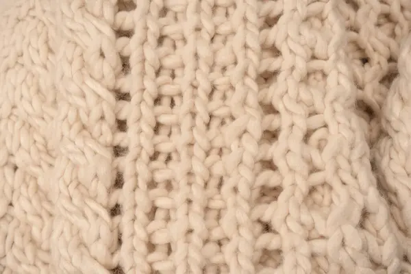 Fragment Beige Knitted Fabric Knitted White Sheep Wool Knitted Background — 图库照片