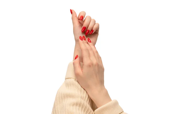 Manos Mujer Con Uñas Rojas Aisladas Sobre Fondo Blanco Esmalte — Foto de Stock
