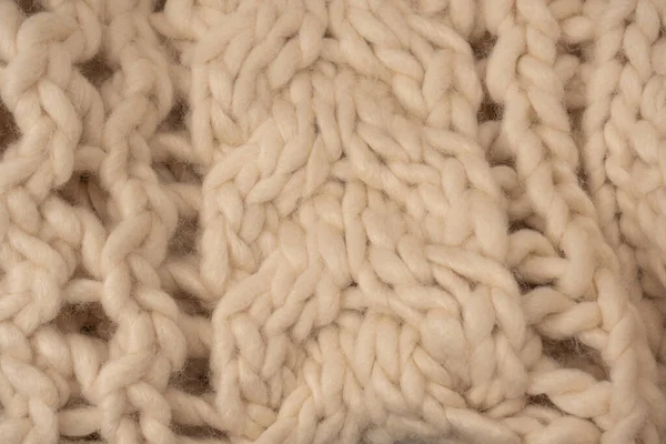 Fragment Beige Knitted Fabric Knitted White Sheep Wool Knitted Background — 스톡 사진