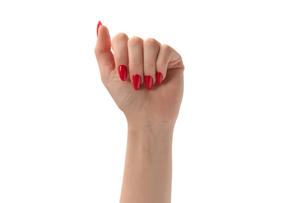 Frauenhände Mit Roten Nägeln Auf Weißem Hintergrund Roter Nagellack — Stockfoto
